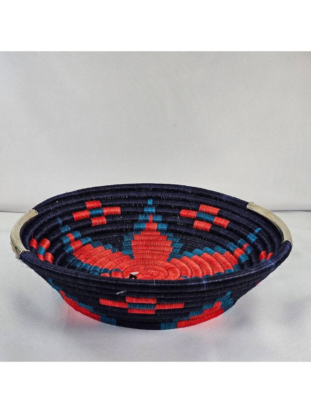 Handwoven Coiled Basket Bowl Navy Red Turquoise Geometric Decor Metal Handles